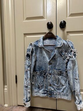 Light Blue Acid-Wash Denim Jacket with Pearl Trim